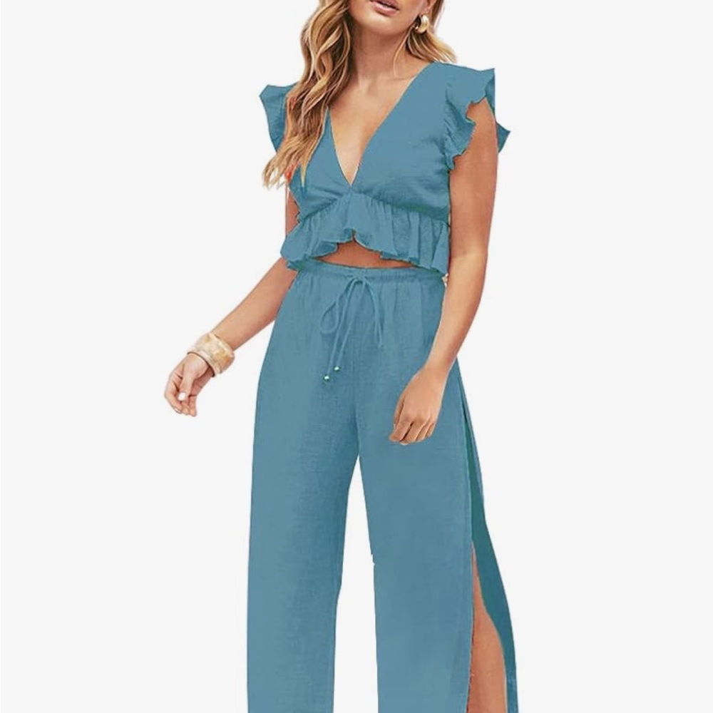 Fancyinn Blue Ruffle V-Neck Two-Piece Wide-Leg Set